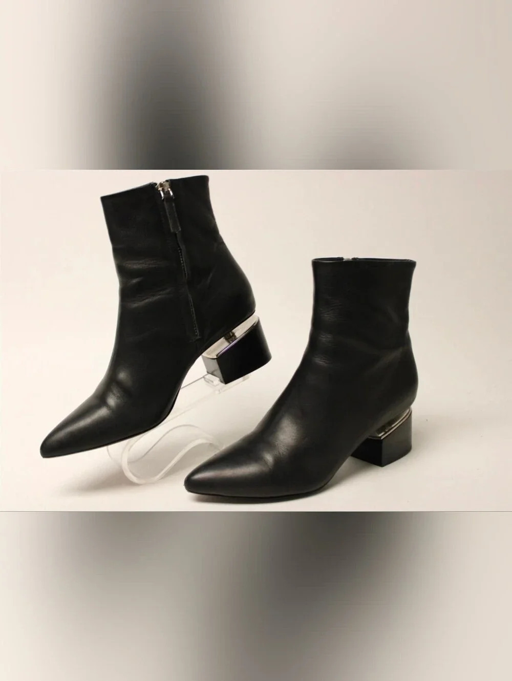 Alexander Wang Black Leather Pointed Ankle Boots w Lifted Silver Heel Accent 8 - Picture 2 of 14